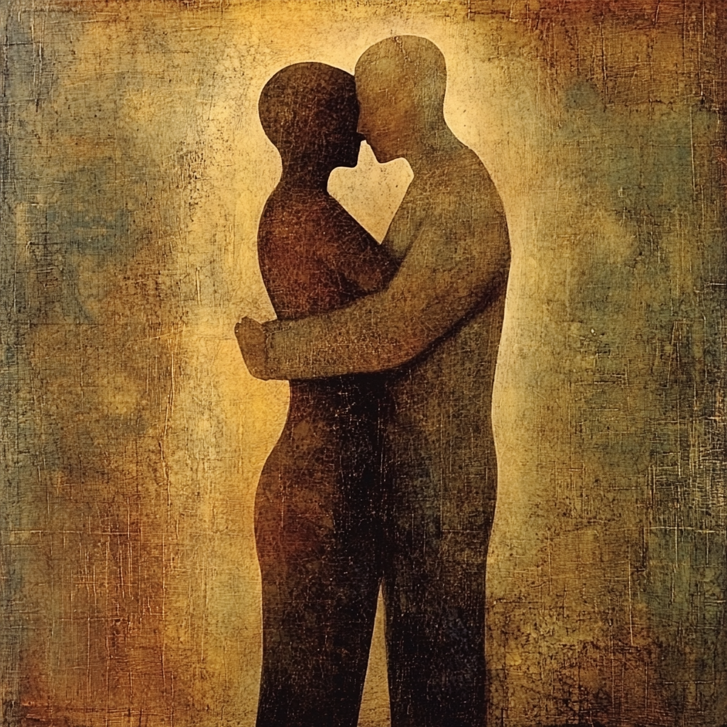 Album cover: Figures connecting in a supportive moment. Warm colors.