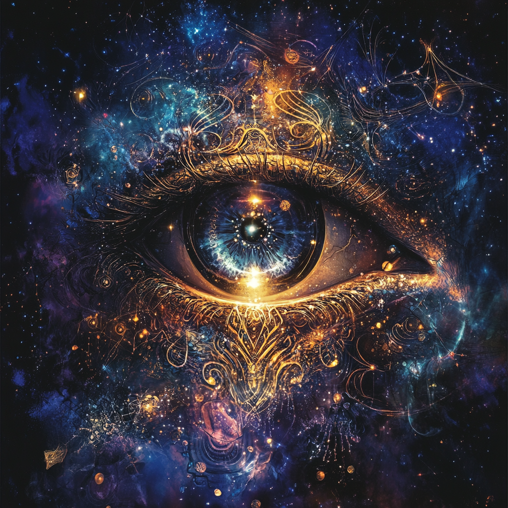 Album cover: mystical eye with celestial patterns, glowing subtly.