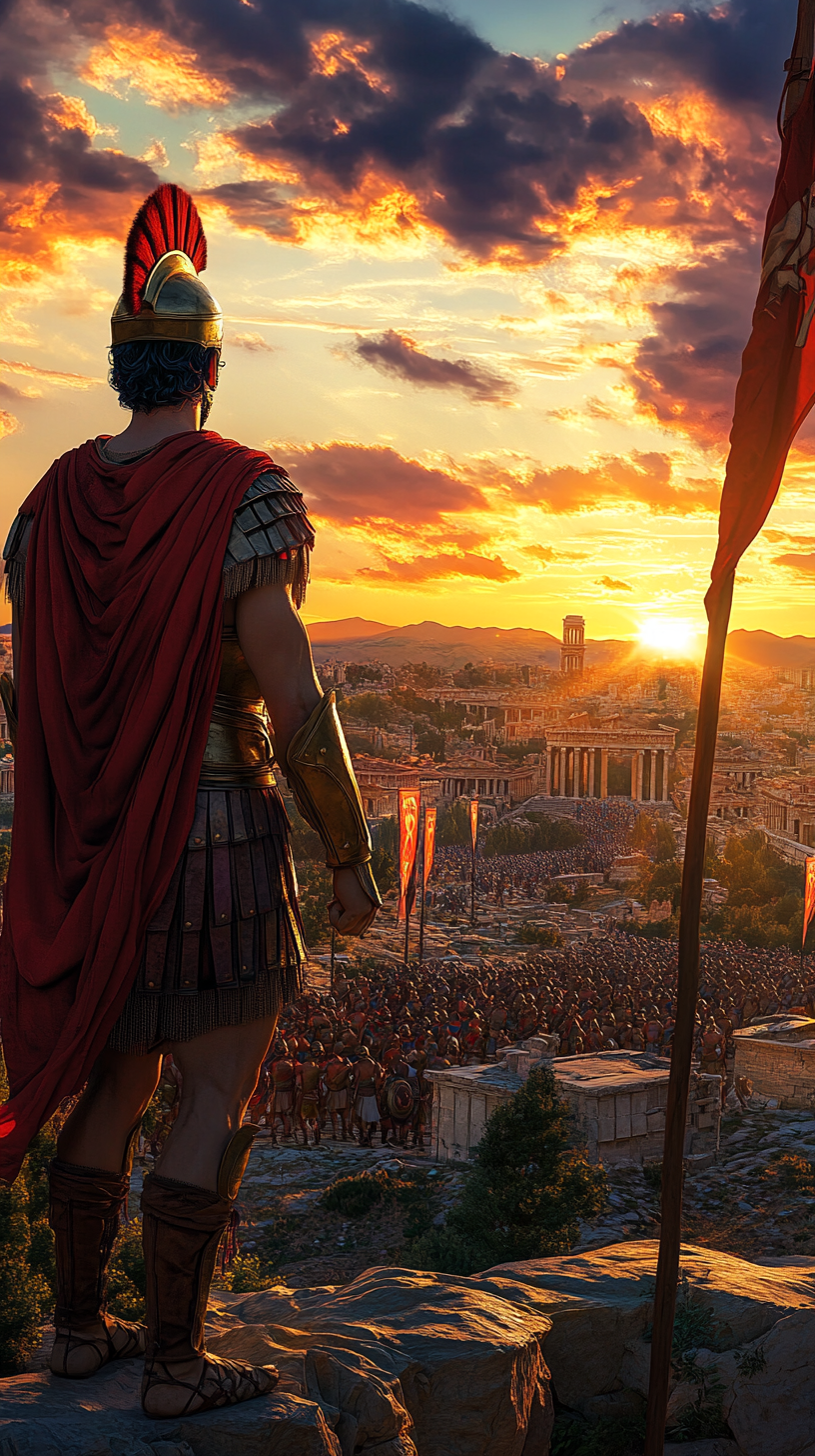 Alexander the Great overseeing captured city at sunset.