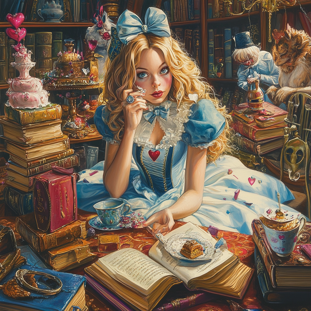 Alice's enchanted birthday party with books and characters.