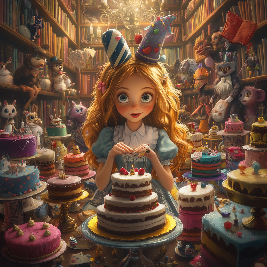 Alice celebrates birthday with Wonderland characters in library.