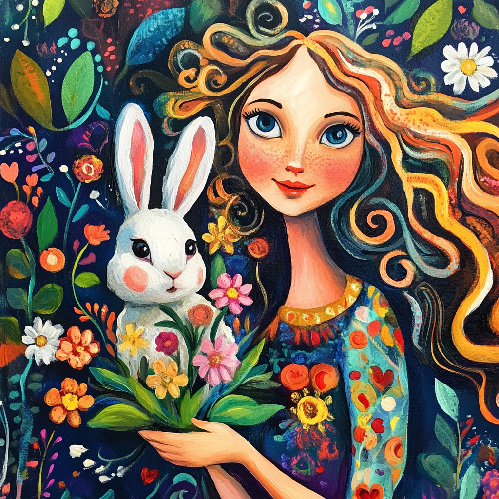 Alice in Wonderland illustration: girl with rabbit, flowers.