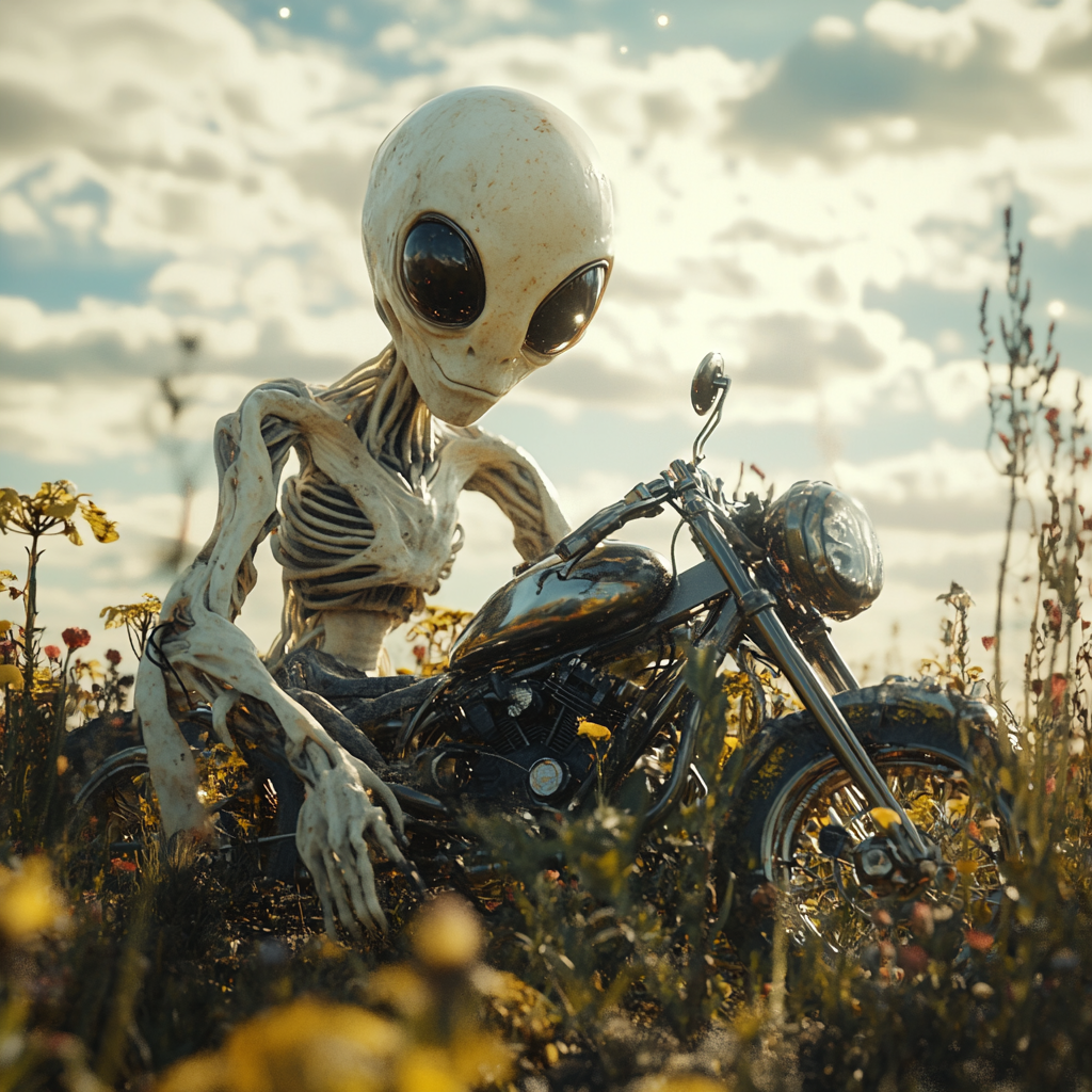 Alien Guarding Motorcycle in Extraterrestrial World