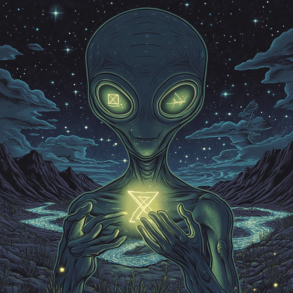 Alien Holding Glowing X Microchip, UFO, Rivers, Constellation Sky