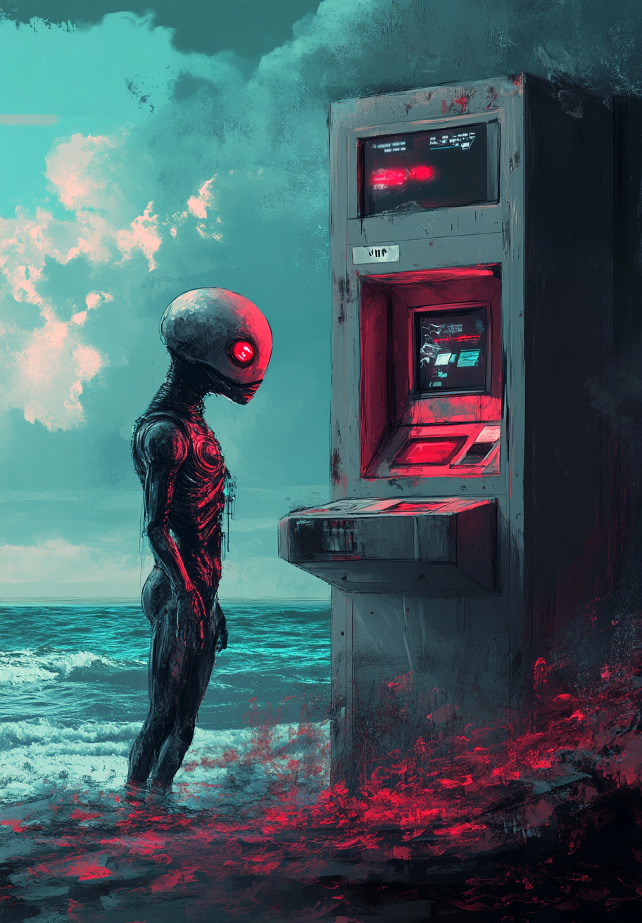 Alien Using ATM by the Sea from Above