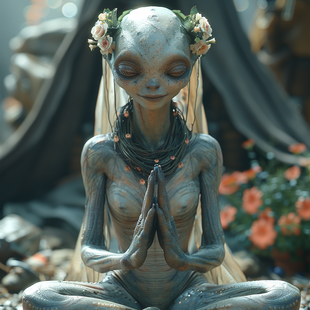 Alien Woman Meditating on Planet with Floral Hair