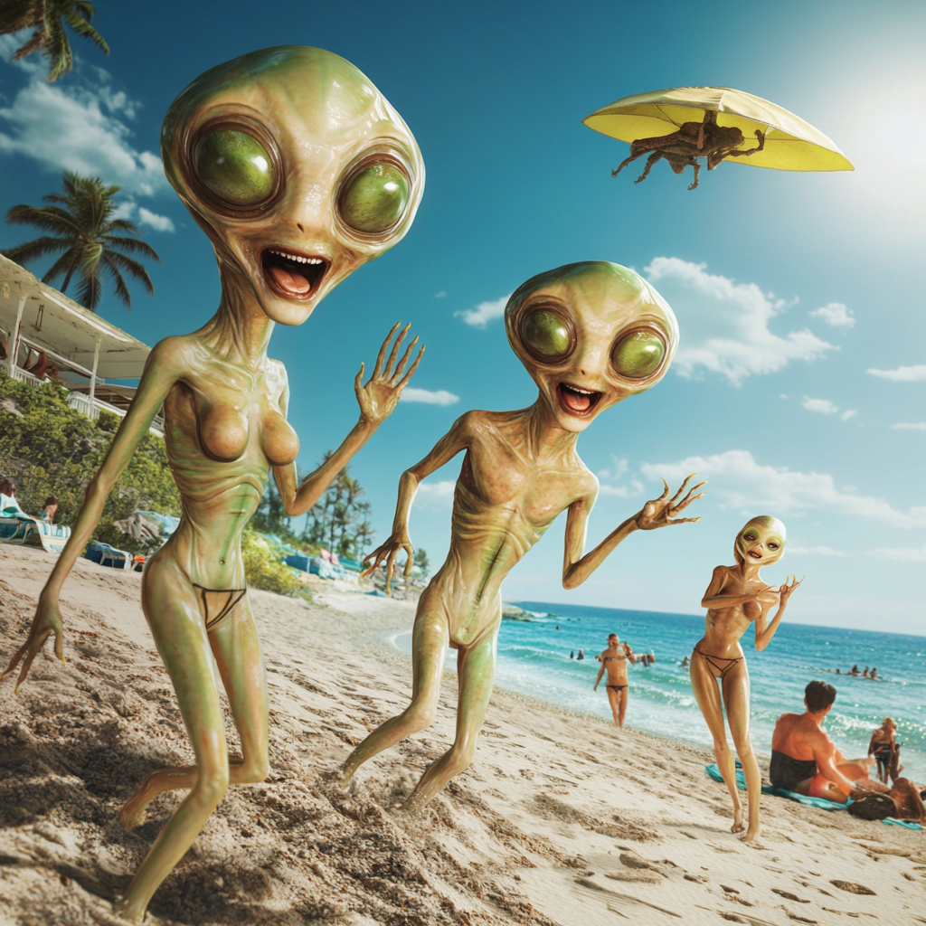 Alien adults enjoying beach - hyper realistic artwork