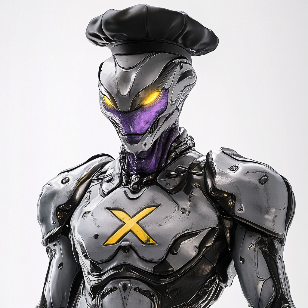 Alien chef in X armor with purple tint eyes