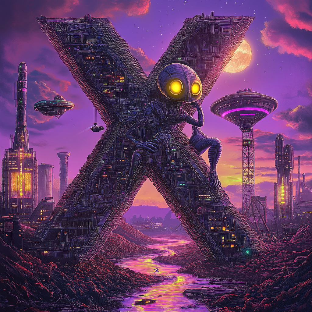 Alien creating X letter in purple, psychedelic space scene.