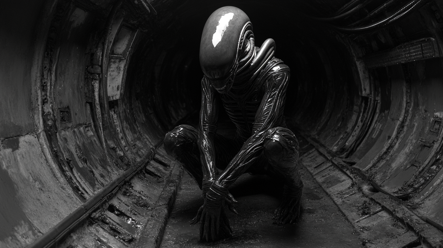 Alien creature in dark spaceship, mysterious and cinematic.