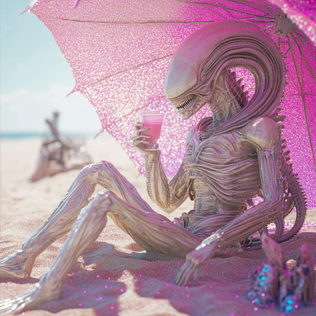 Alien creature relaxing on pink glitter beach with cocktail.