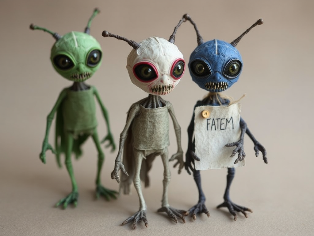 Alien creatures made of paper and twigs with message.