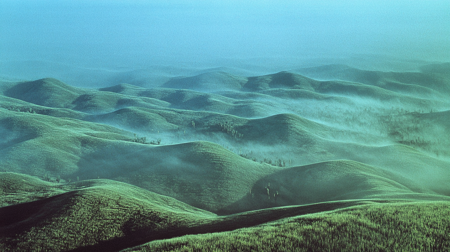 Alien fog covers twisted plants in vintage film scene.