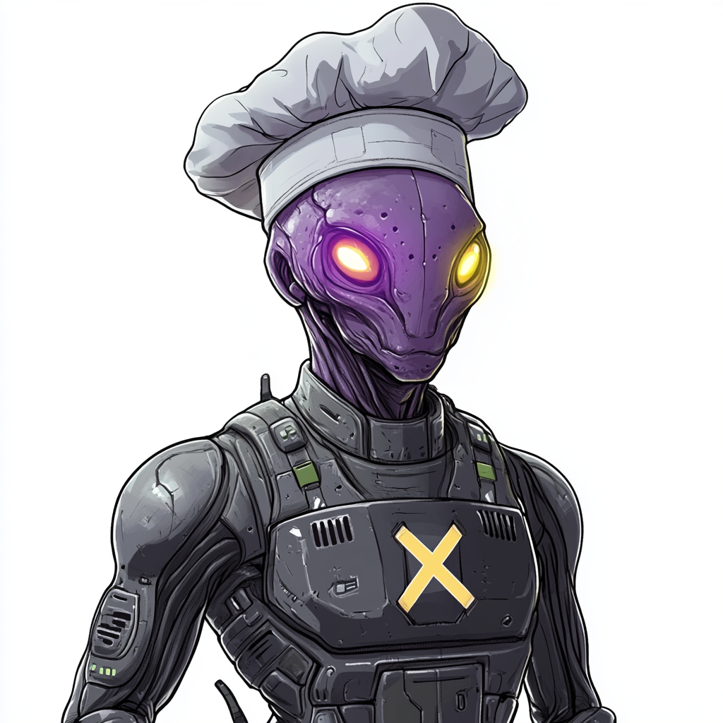 Alien in armor and chef hat with X logo.