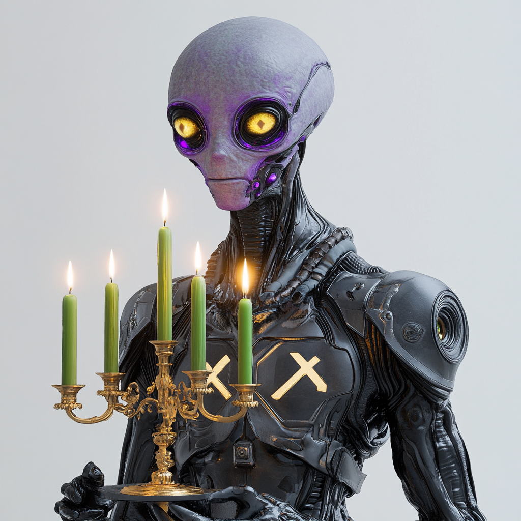 Alien in armor holding candlebra with green candles.