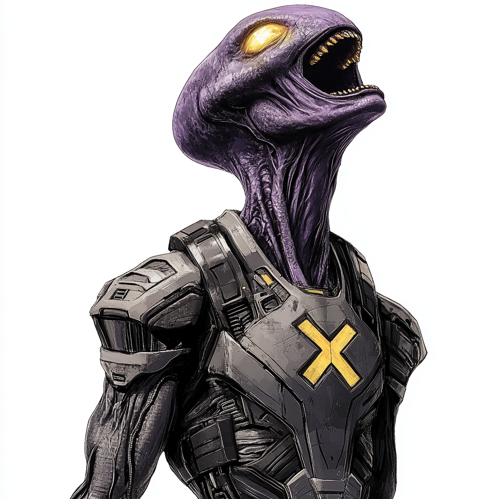 Alien in armor with X symbol laughing.