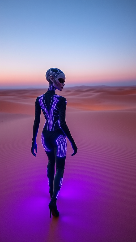 Alien in futuristic clothes walking in glowing desert.