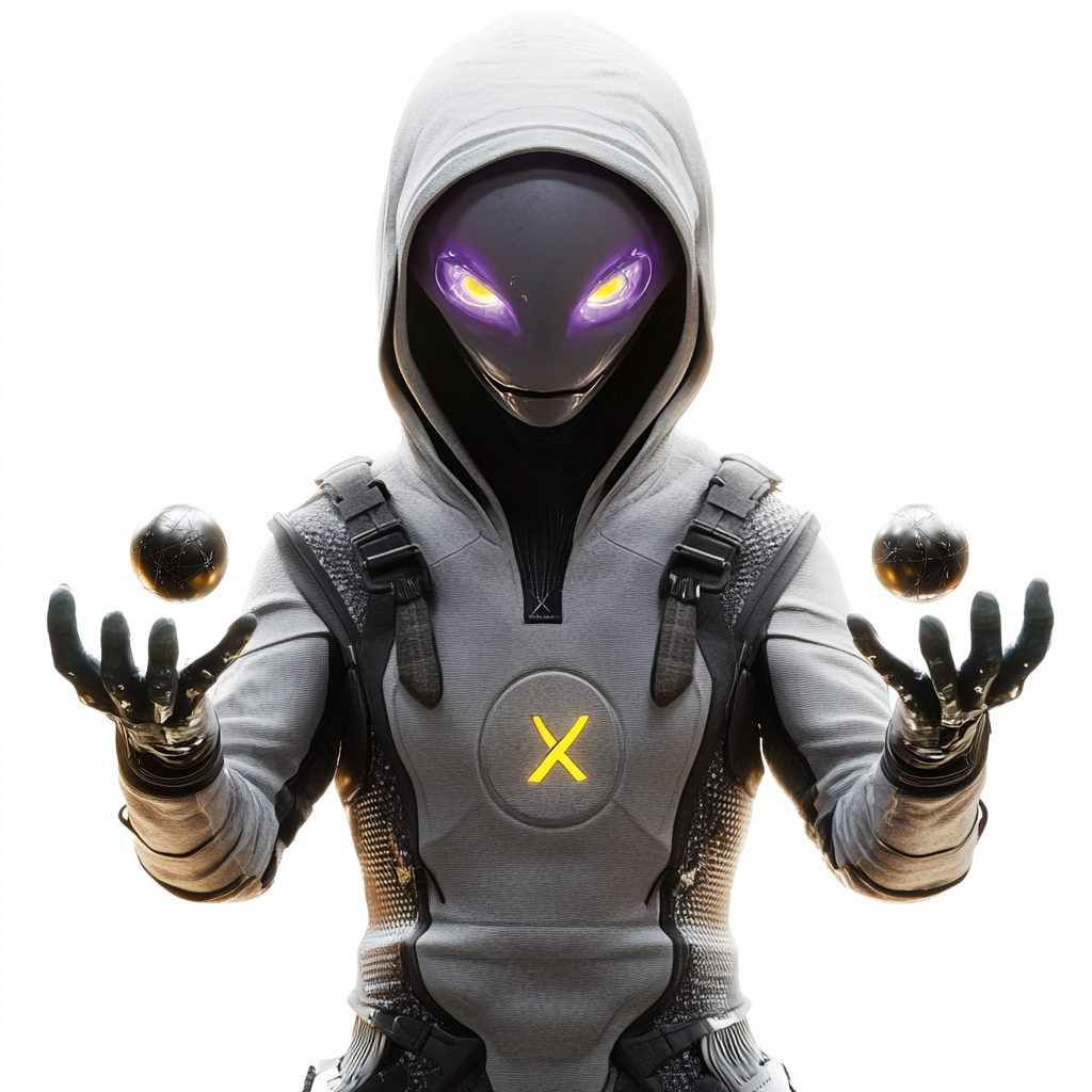 Alien in tech armor with X symbol holding spheres.