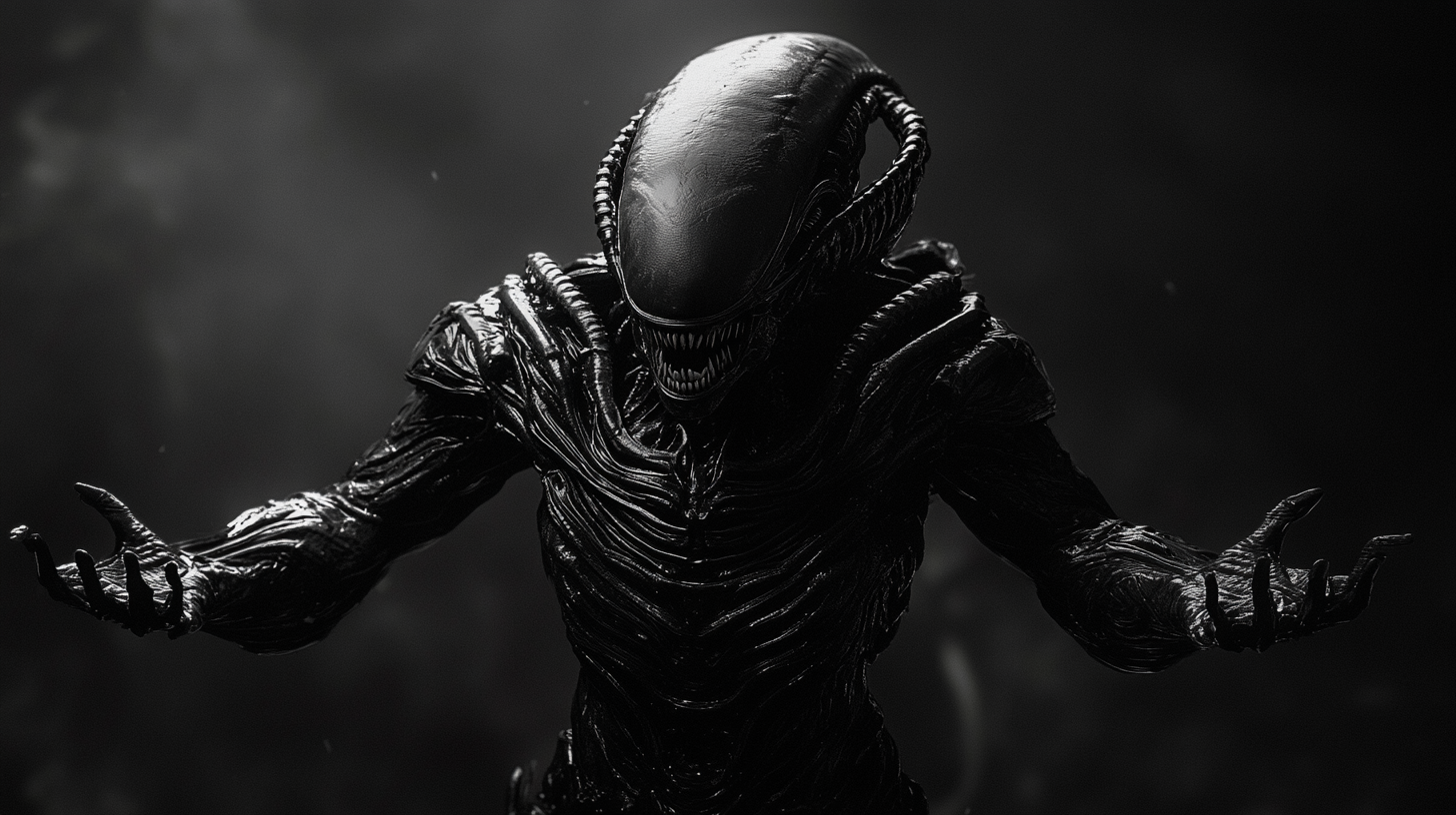 Alien in various scenes, striking iconic pose. Dark, realistic.