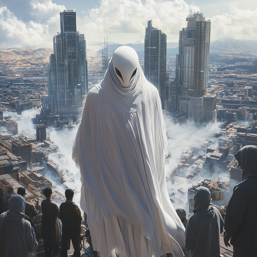 Alien in white robes greets humans in city