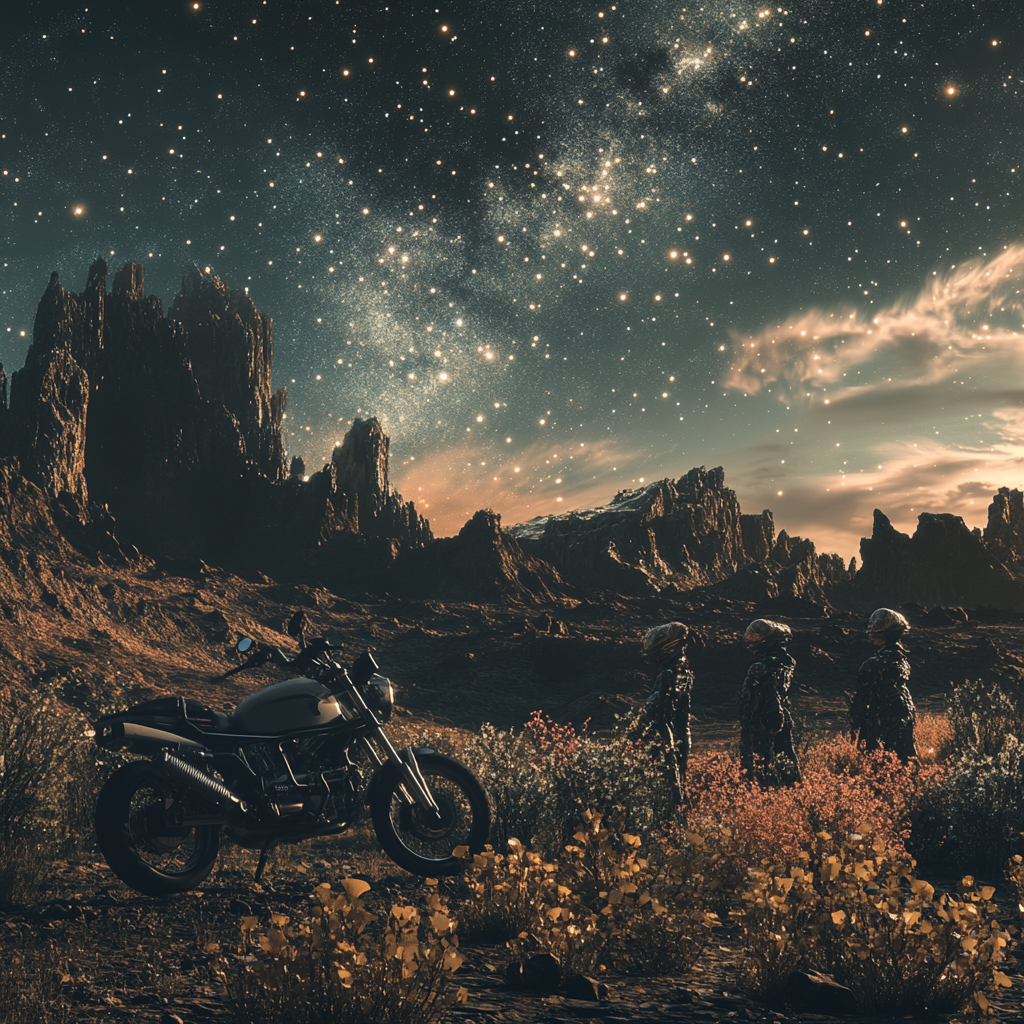 Alien landscape with motorcycle guarded by aliens.