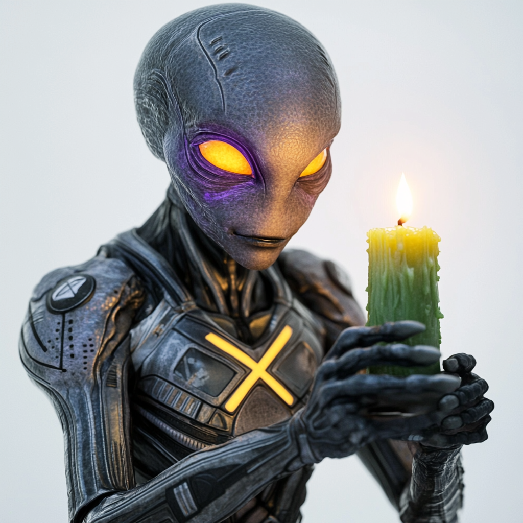 Alien lighting green candle with high tech device.