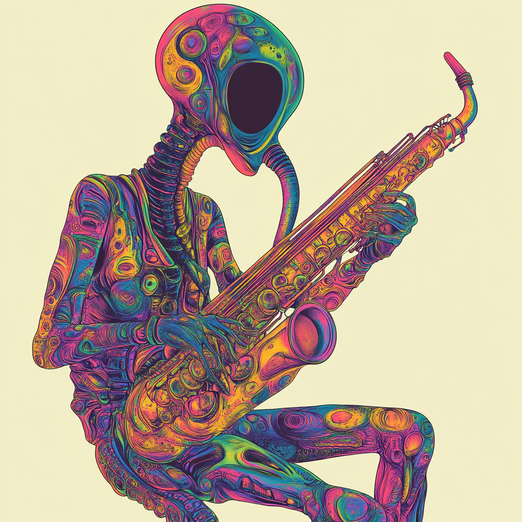 Alien musician plays cosmic jazz, colorful tentacles glow.