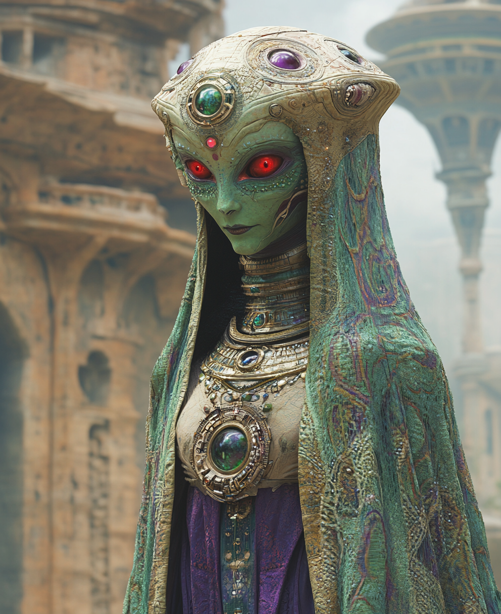 Alien queen in green and purple outfit, red eyes.