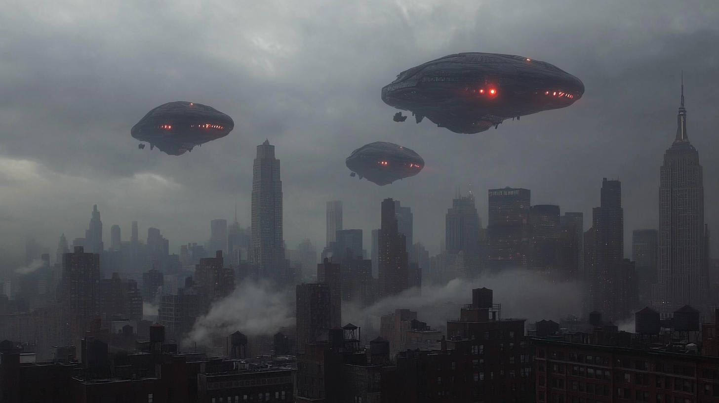 Alien spaceships with red lights over New York.