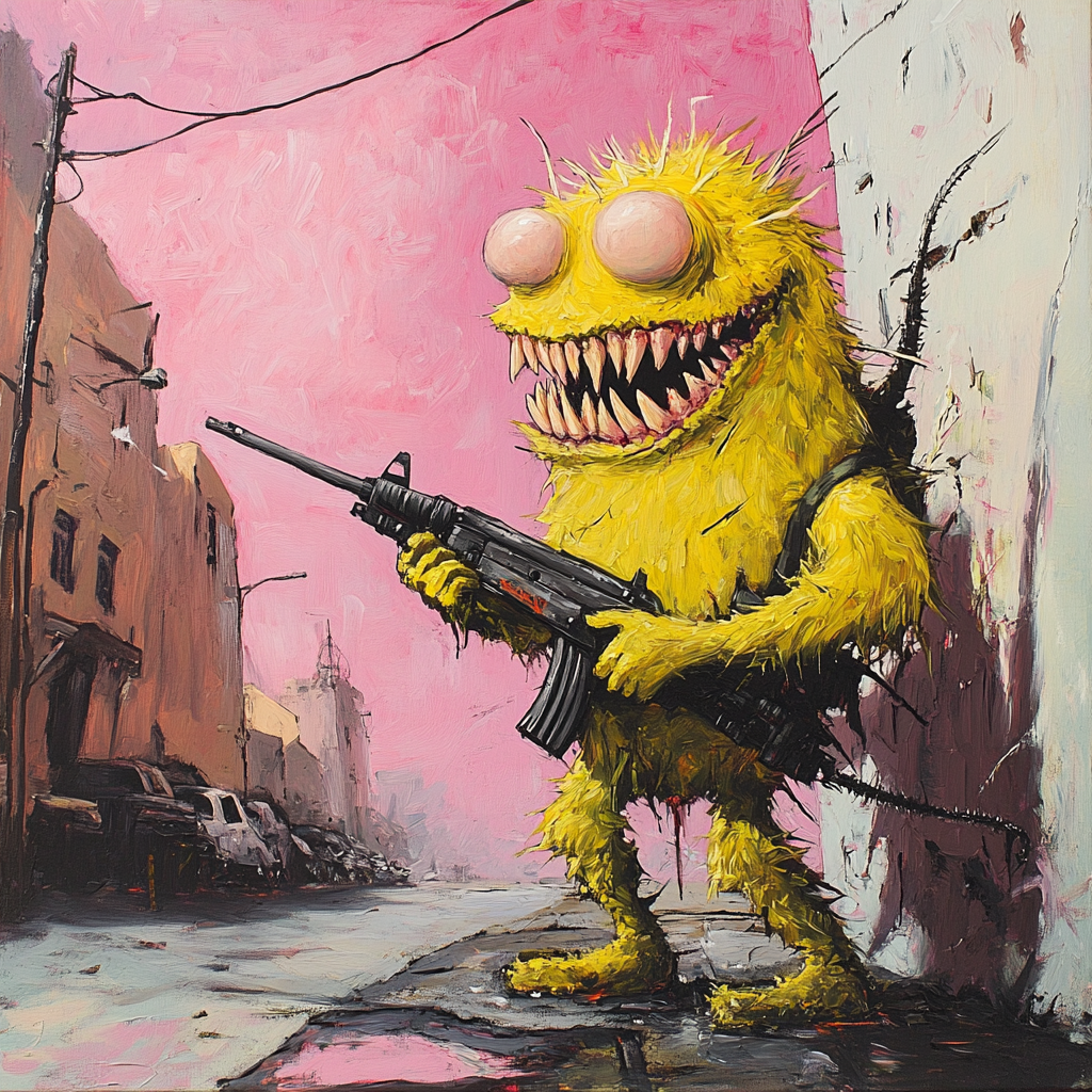 Alien with teeth and machine gun on street corner.