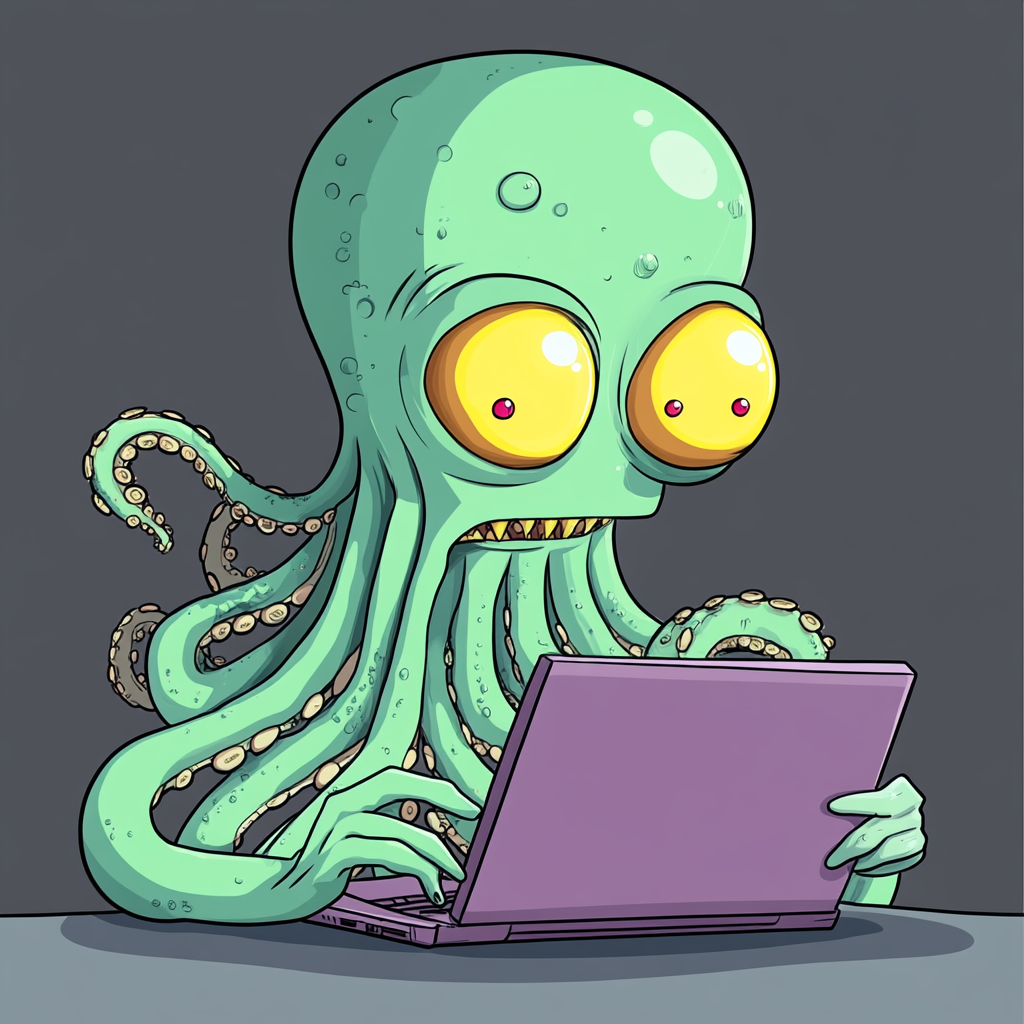 Alien with tentacles on laptop, cartoon style humor.