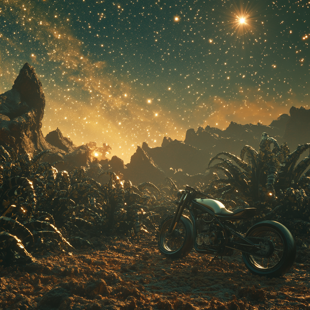 Aliens admiring motorcycle in surreal alien landscape.