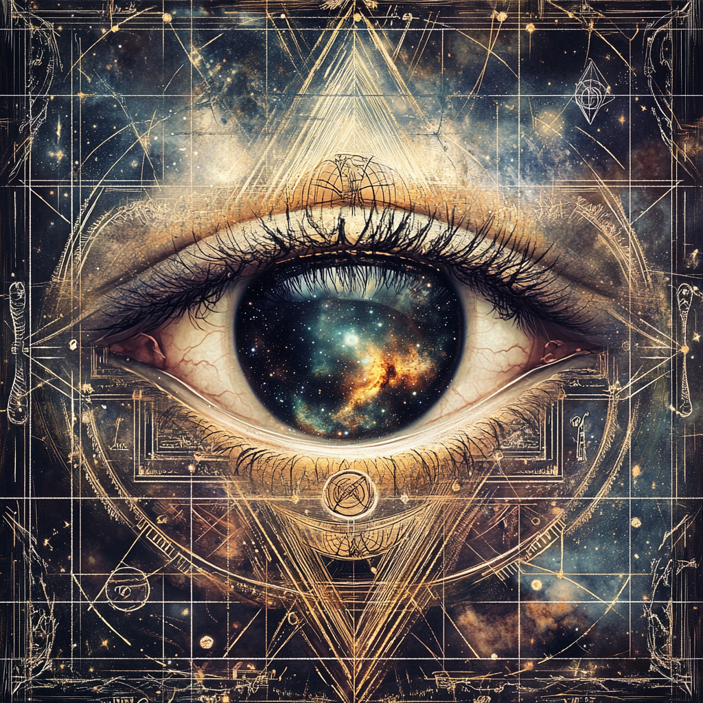 All-Seeing Eye Art with Galaxy Iris and Celestial Symbols