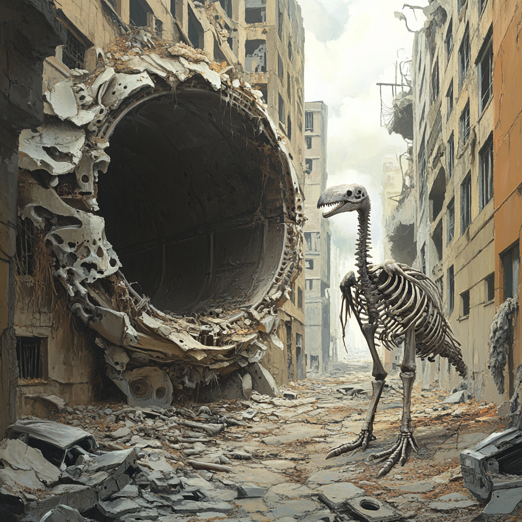 Alleyway with bones, dodo skeleton, and bombed building.