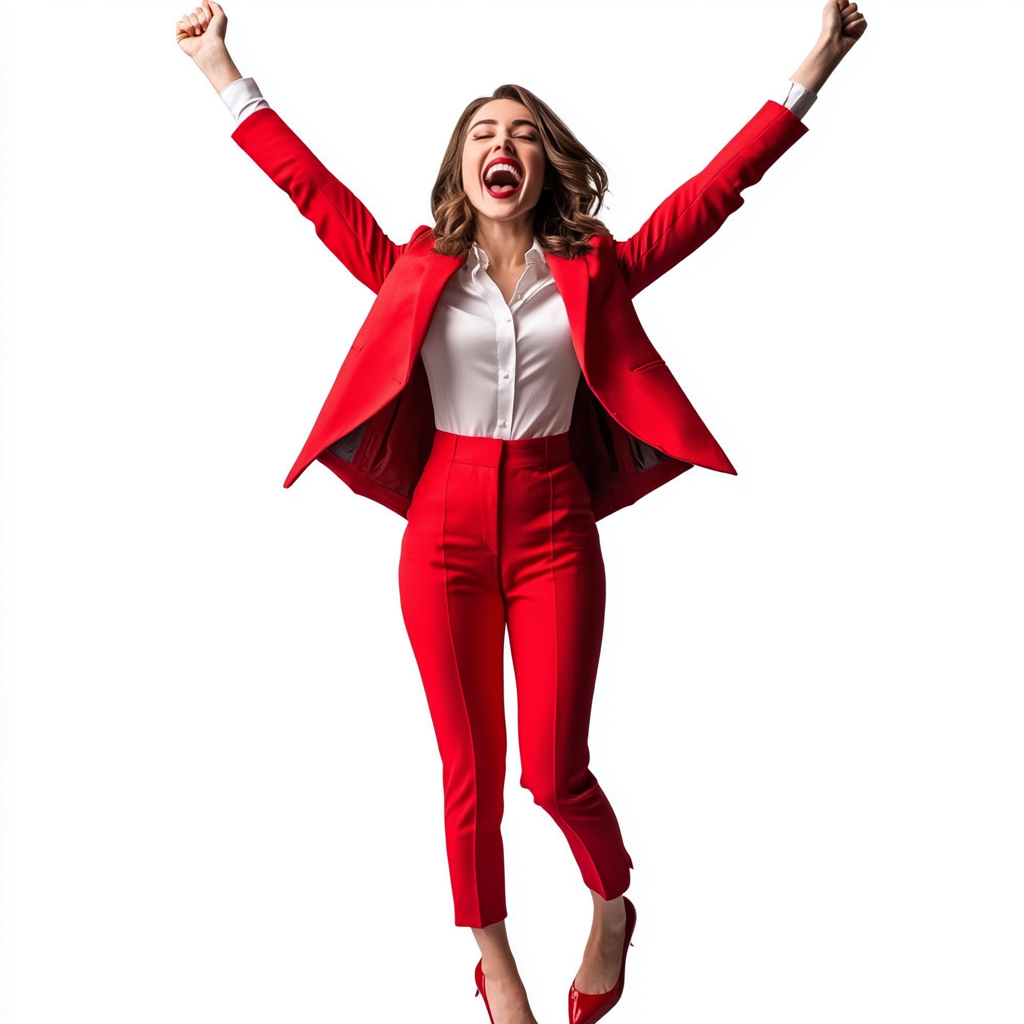 Allison Brie in red pant suit, heels, smiling professionally