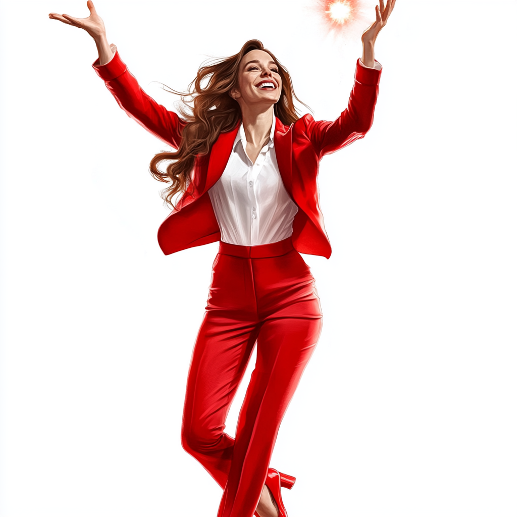 Allison Brie in red pant suit, heels, smiling.