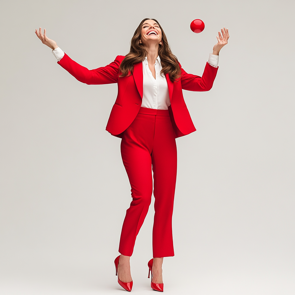 Allison Brie smiling in red pant suit, heels.