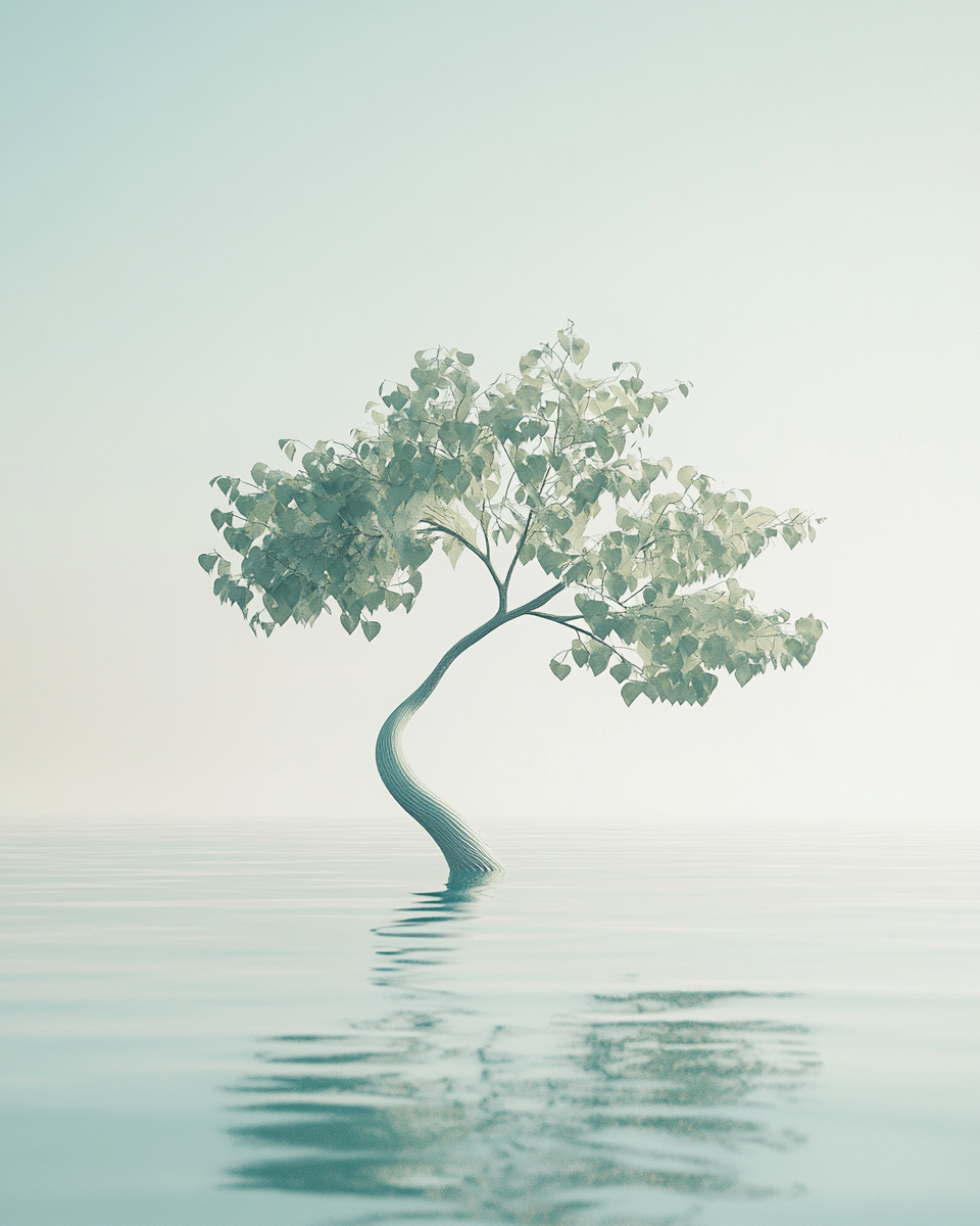 Alone, surreal tree on vast lake in high resolution.