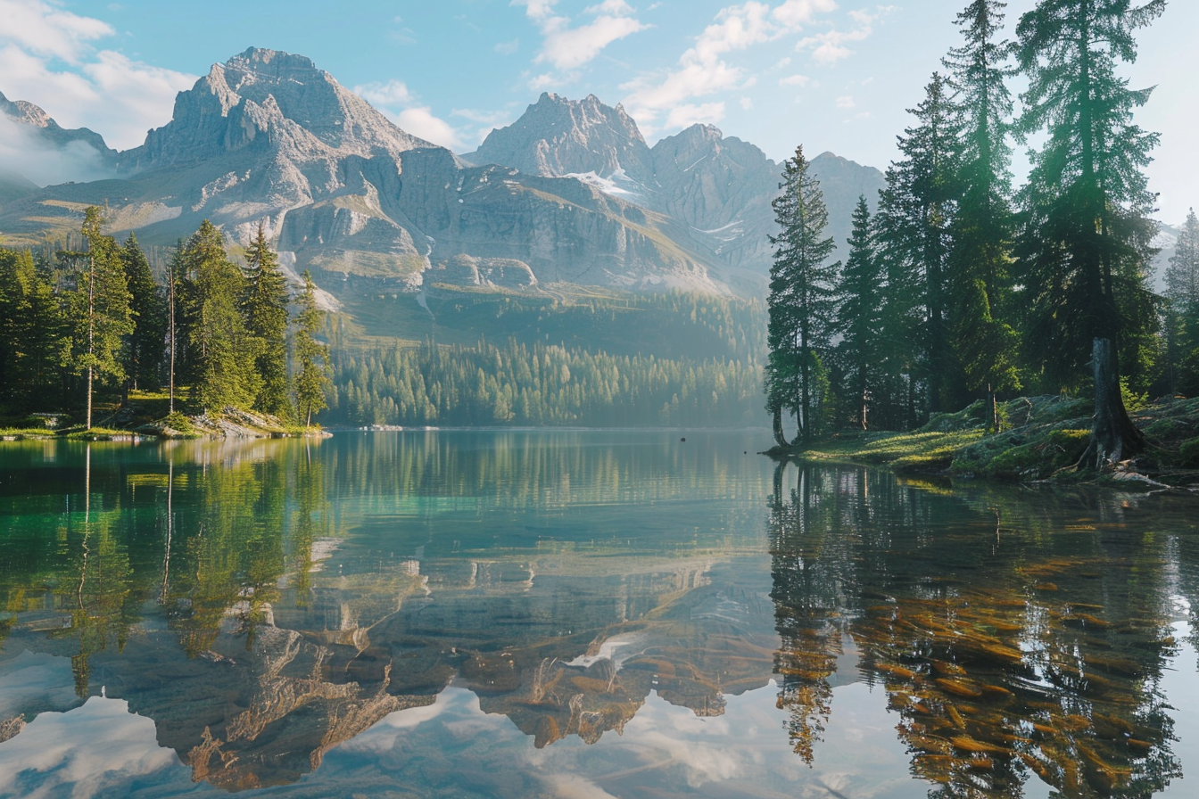 Alpine lake with calm water reflecting pine trees, mountains.