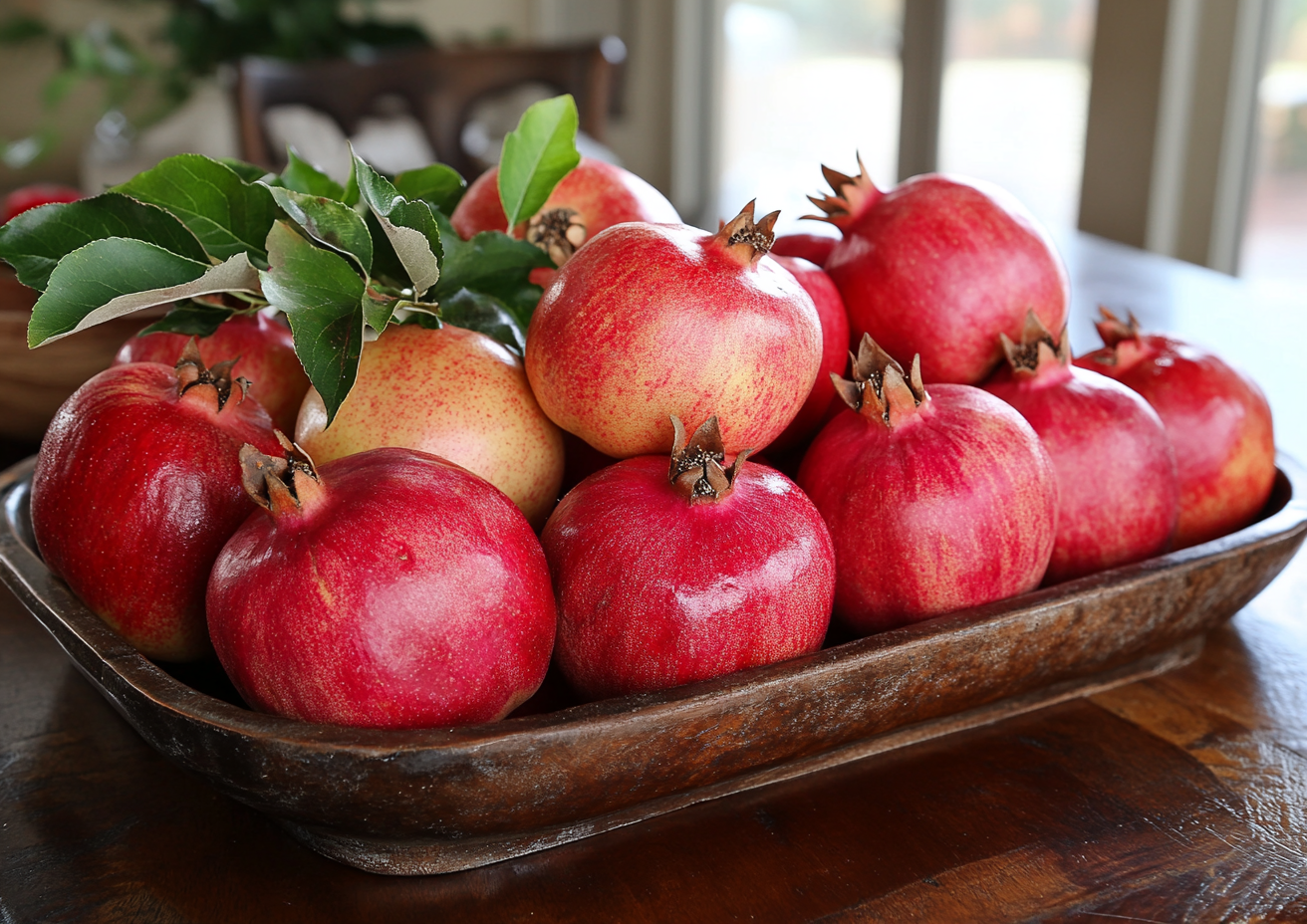 Alt Image Text: Apples and pomegranates in bowls around the house.