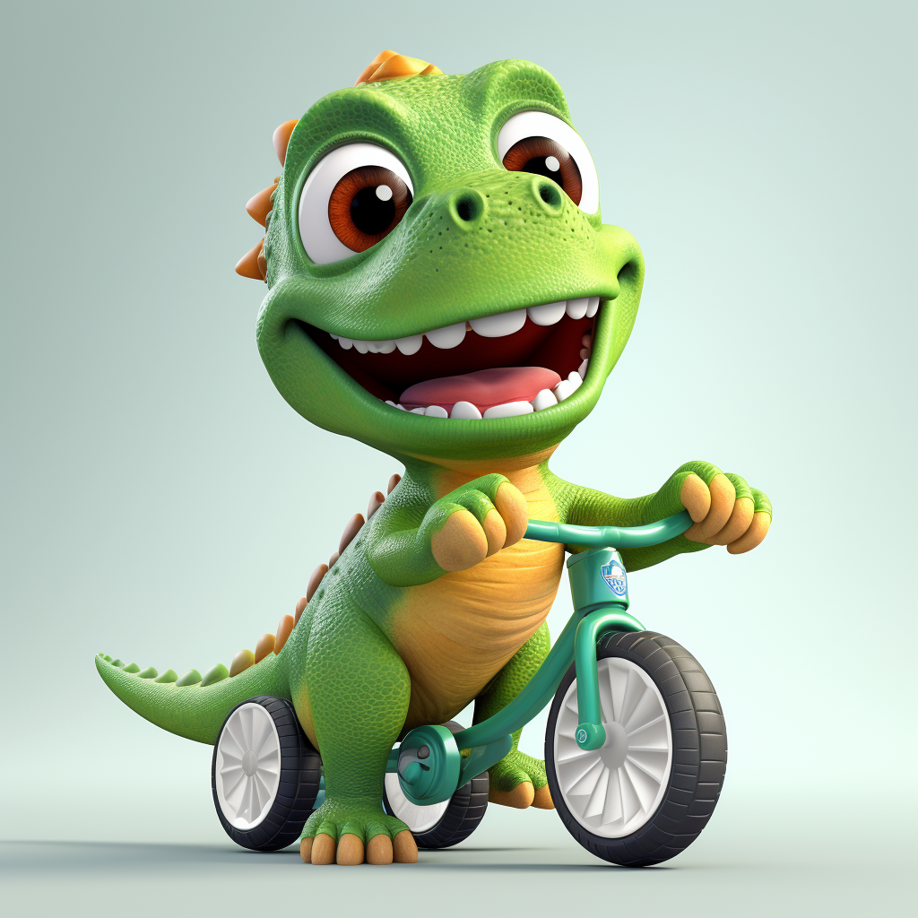 Alt Image Text: Cute baby dinosaur on colorful side bike tires.