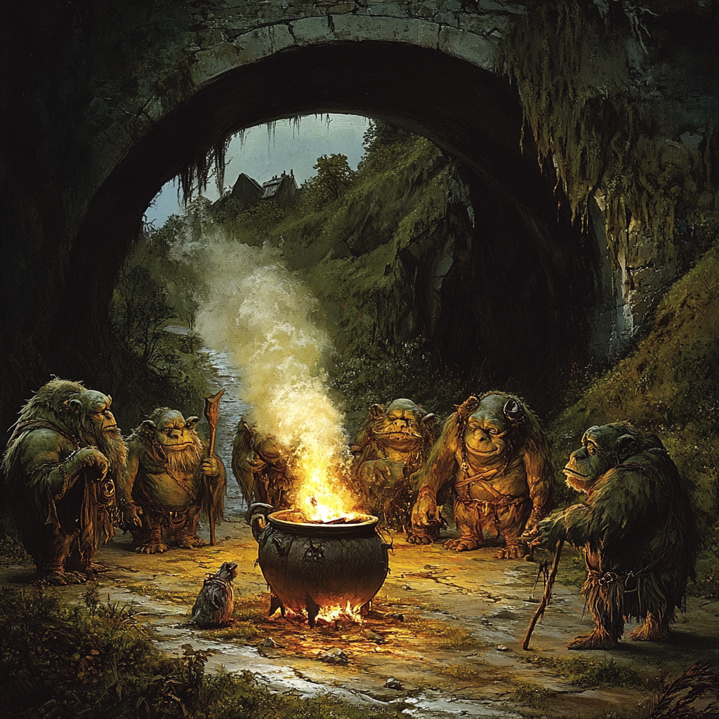 Alt text: Giant trolls around fire under bridge near cave opening.