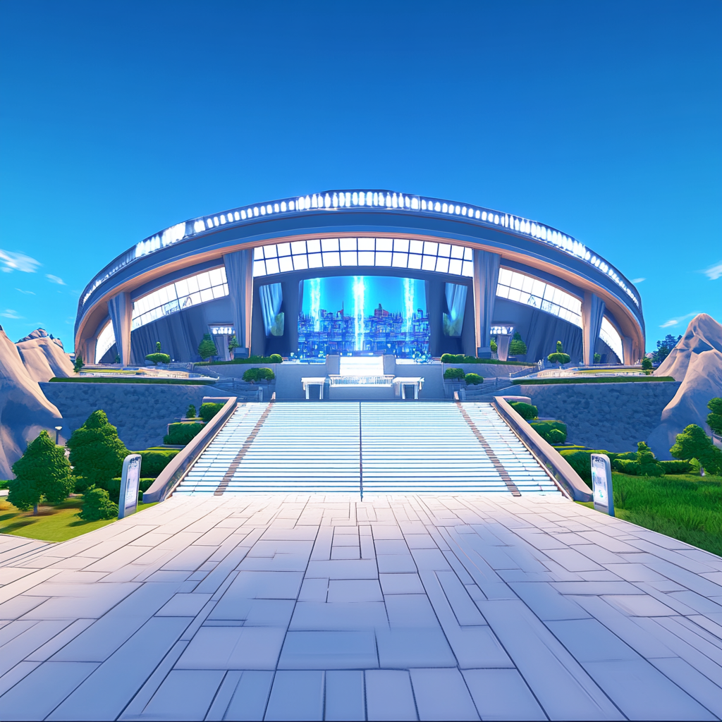 Alt text: Modern stadium entrance with Roman landscaping and lighting.