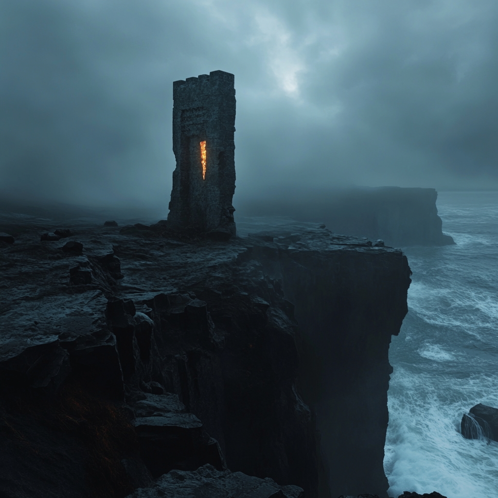 Altar stands on cliff, overlooking stormy ocean. Fog rolls.