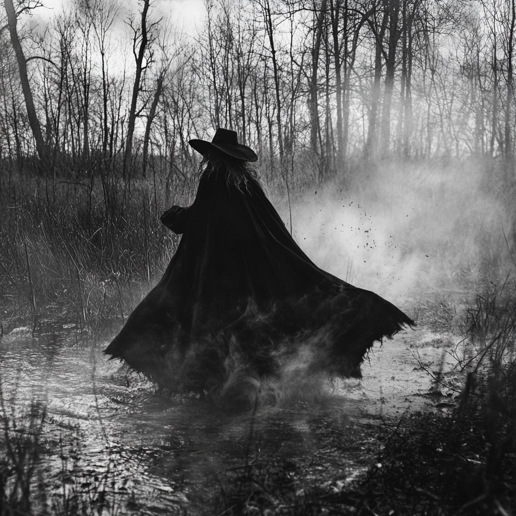 Alternative text: Witch in swamp wearing flowing cloak, black & white