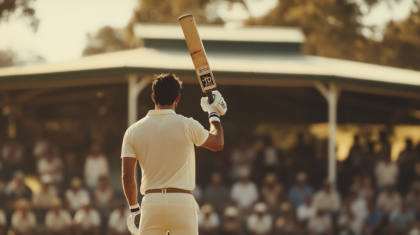 Amateur cricket batsman holding bat in cricket whites.