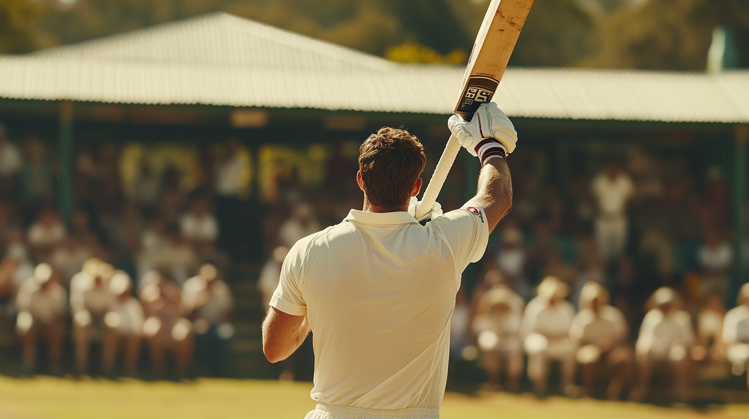 Amateur cricket batsman standing heroically with batting glove.