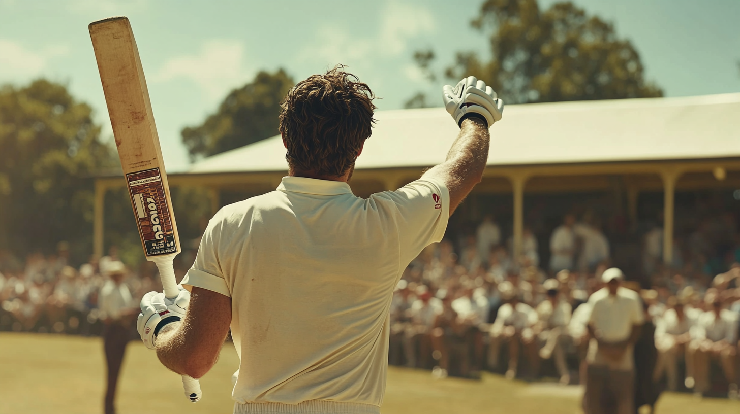 Amateur cricket player in cricket whites posing heroically.