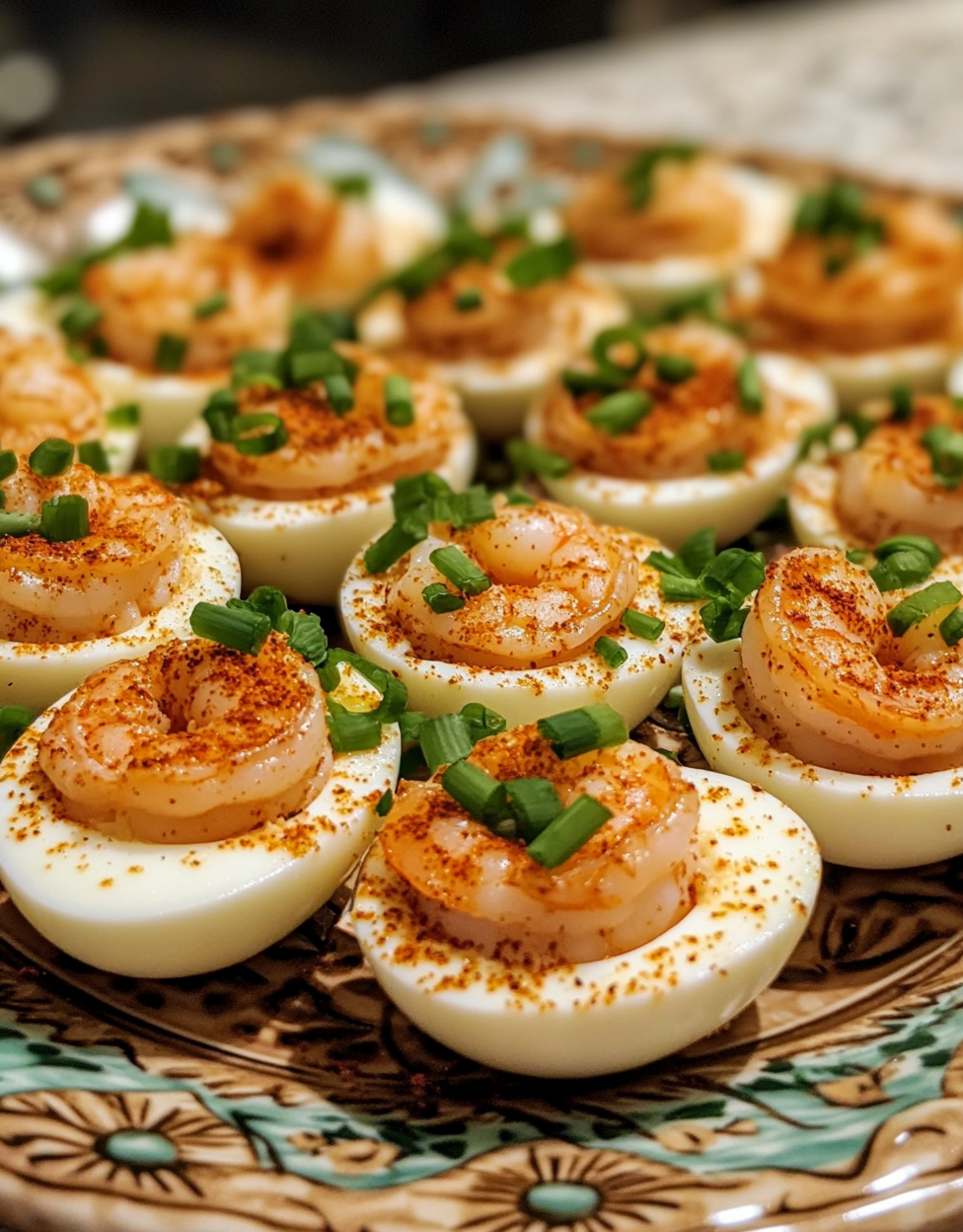 Amateur photo of deviled eggs with shrimp topping.