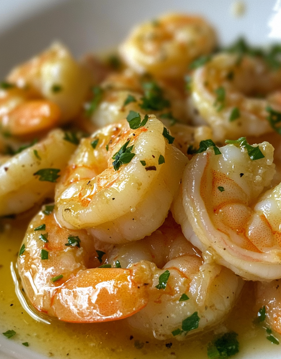 Amateur photo of golden shrimp in garlic butter sauce.